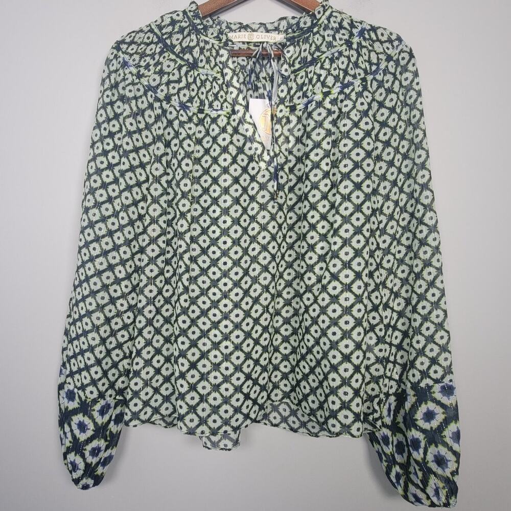 NWT Marie Oliver Womens S Silk Blend Puff Sleeve Sheer Green Metallic Top